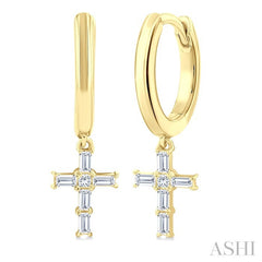 1/5 Ctw Princess and Baguette Cut Diamond Cross Petite Fashion Hoop Earrings in 10K Yellow Gold