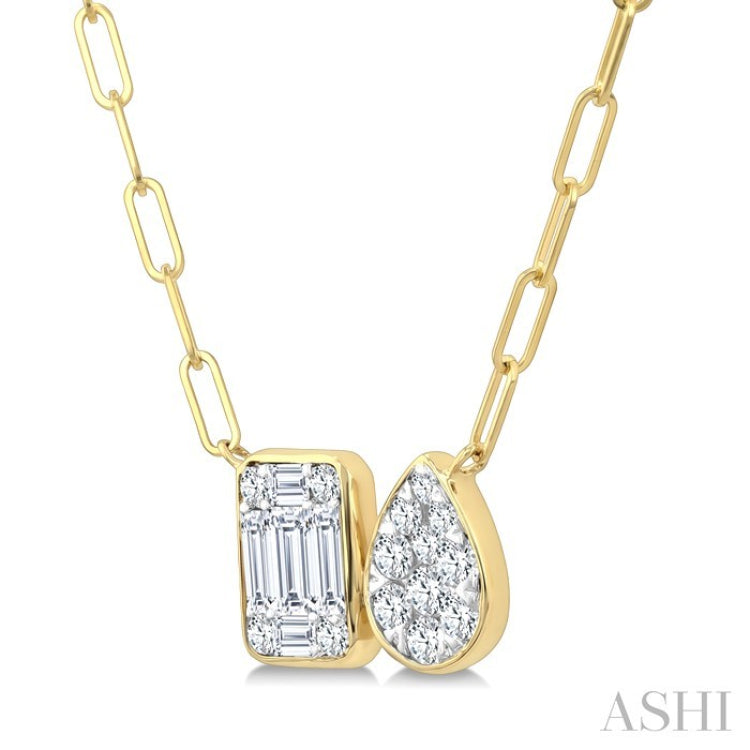 1/2 Ctw Lovebright Emerald and Pear Shape Toi Et Moi Baguette and Round Cut Diamond Necklace in 14K Yellow and White Gold