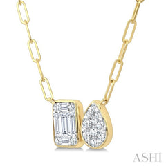 1/2 Ctw Lovebright Emerald and Pear Shape Toi Et Moi Baguette and Round Cut Diamond Necklace in 14K Yellow and White Gold