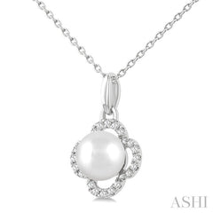 6 MM Cultured Pearl and 1/10 Ctw Round Cut Diamond Clover Petite Fashion Pendant With Chain in 10K White Gold