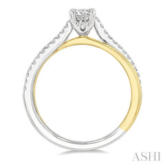 1/2 Ctw Two Tone Criss Cross Round & Oval Cut Diamond Engagement Ring With 1/3 Ct Oval Cut Center Stone in 14K White and Yellow Gold
