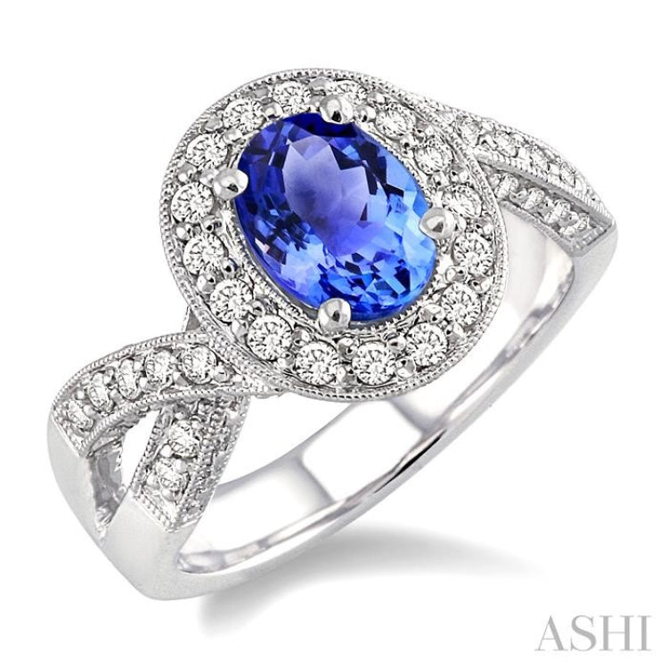 8x6 MM Oval Cut Tanzanite and 3/4 ctw Round Cut Diamond Precious Ring in 14K White Gold