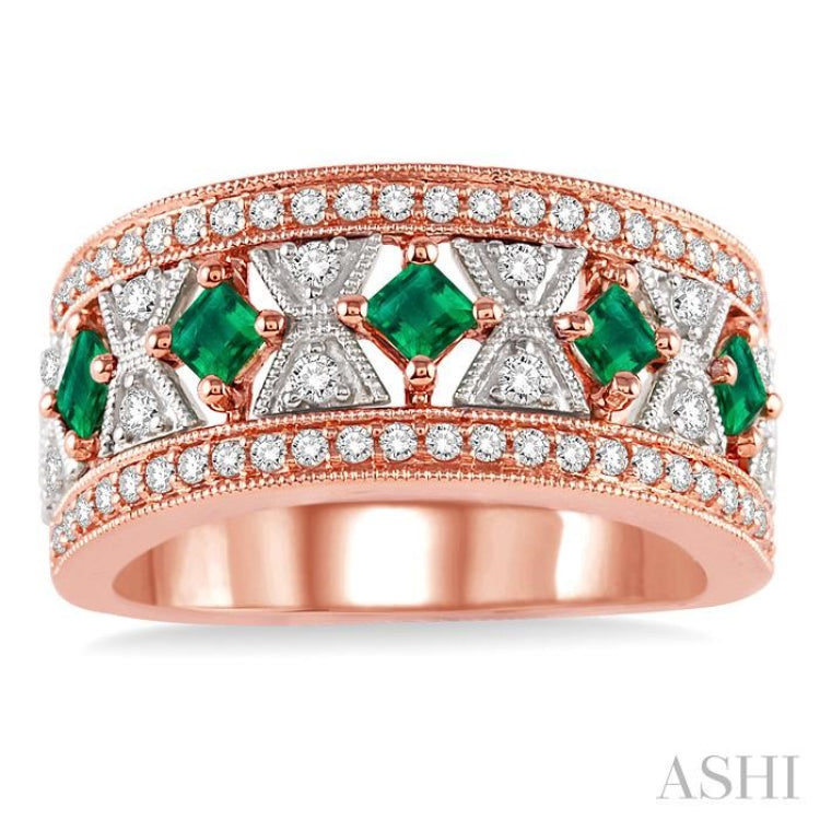 2.4 & 2.5 MM princess Cut Emerald and 1/2 Ctw Round Cut Diamond Precious Ring in 14K Rose and White Gold