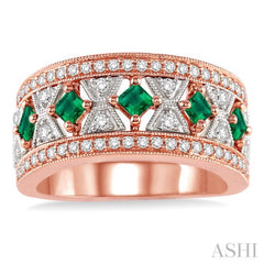 2.4 & 2.5 MM princess Cut Emerald and 1/2 Ctw Round Cut Diamond Precious Ring in 14K Rose and White Gold