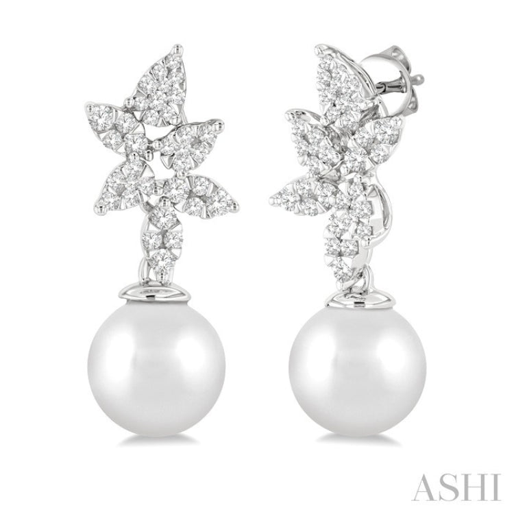 8 MM Cultured Pearl and 3/8 Ctw Round Cut Diamond Lovebright Fashion Earrings in 14K White Gold