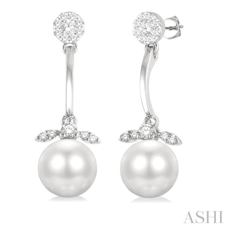 7 MM Cultured White Pearl and 1/4 Ctw Lovebright Round Cut Diamond Fashion Earrings in 14K White Gold
