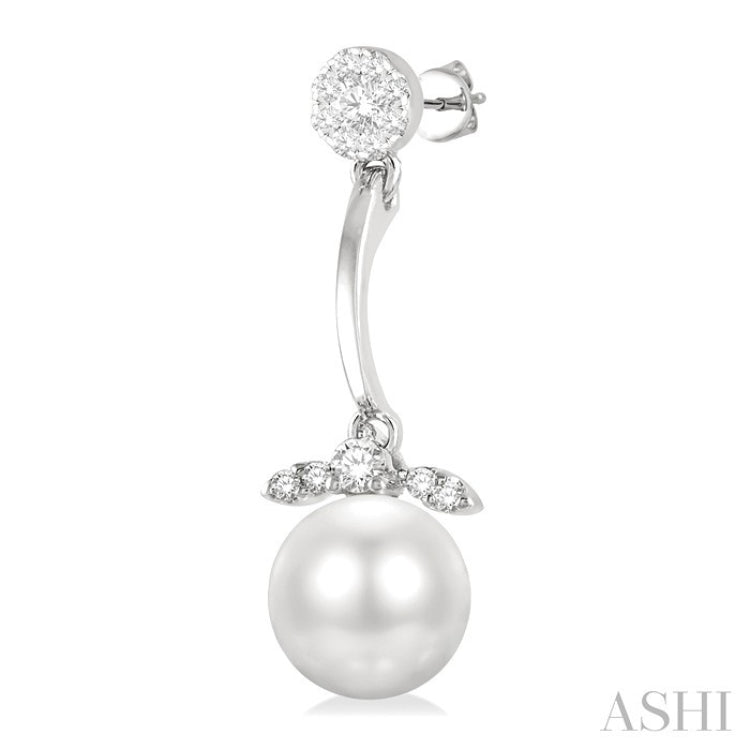 7 MM Cultured White Pearl and 1/4 Ctw Lovebright Round Cut Diamond Fashion Earrings in 14K White Gold