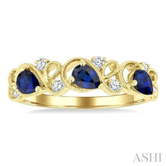 4x3 MM Pear Cut Sapphire and 1/10 Ctw Lattice Round Cut Diamond Precious Band in 14K Yellow Gold