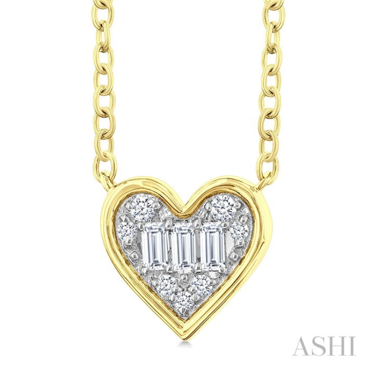 1/6 Ctw Petite Bezel Set Heart Shape Fusion Baguette and Round Cut Diamond Fashion Pendant With Chain in 10K Yellow Gold