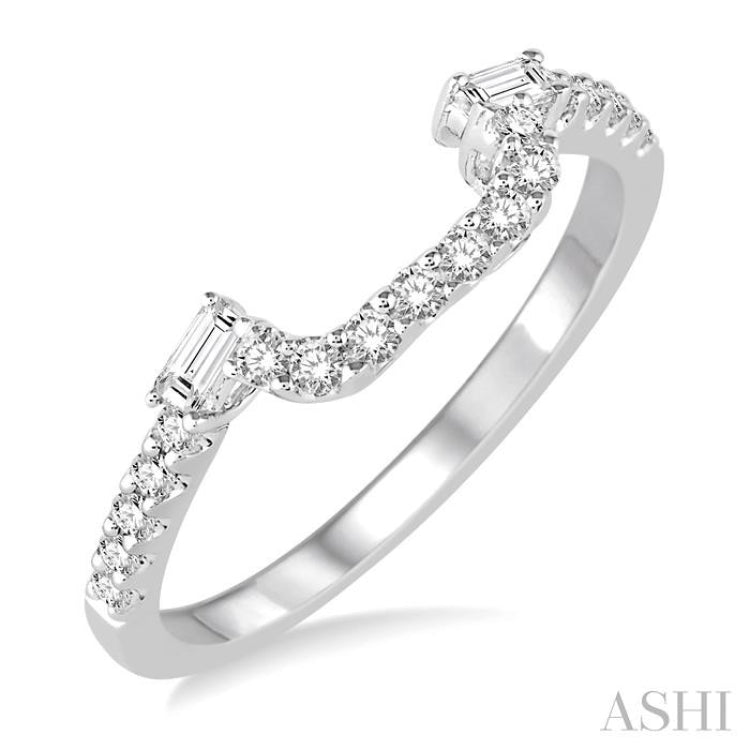 1/4 ctw U-Shape Baguette Accent Round Cut Diamond Wedding Band in 14K White Gold