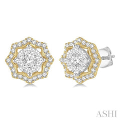 3/4 Ctw Star Lattice Lovebright Round Cut Diamond Earrings in 14K White and Yellow Gold