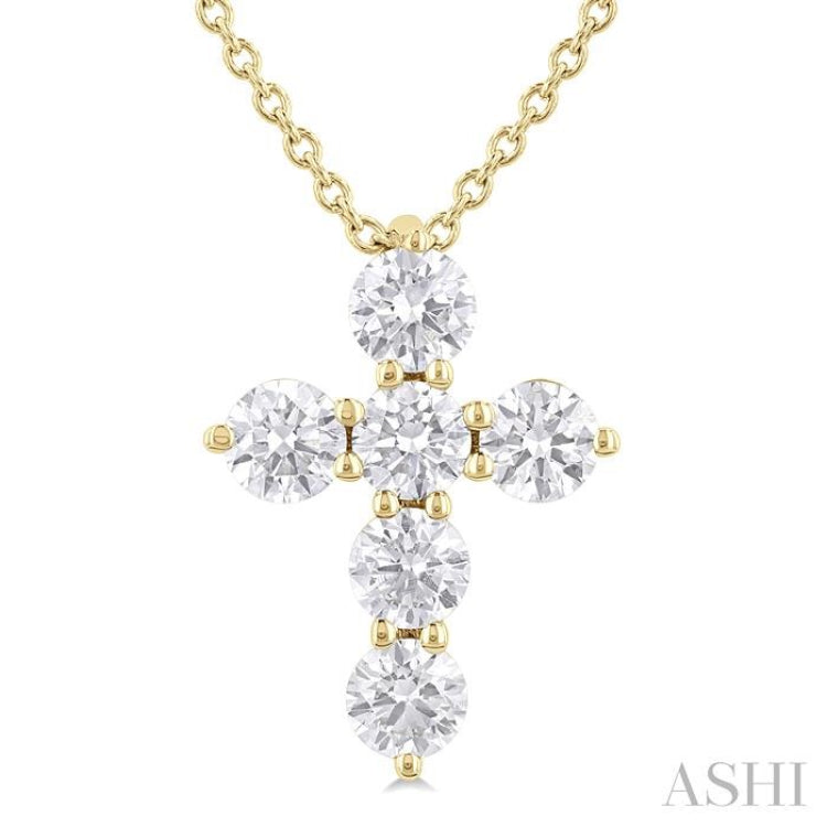 1/2 Ctw Round Cut Diamond Christian Cross 6-Stone Fashion Pendant With Chain in 14K Yellow Gold