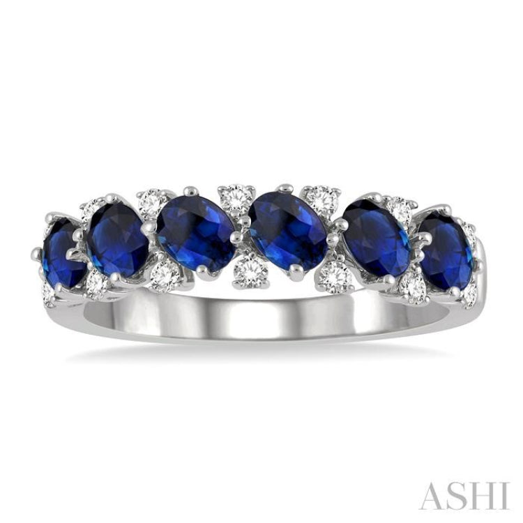 4x3 MM Oval Shape Sapphire and 1/5 ctw Round Cut Diamond Precious Band in 14K White Gold