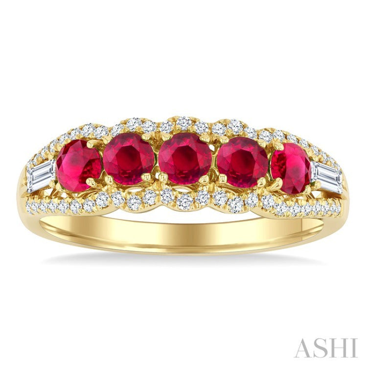 3.1 MM Round Ruby and 1/4 Ctw Baguette and Round Cut Diamond 5-Stone Precious Ring in 14K Yellow Gold