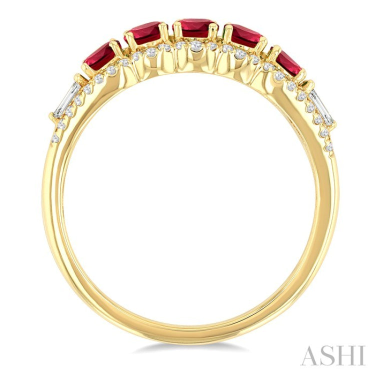 3.1 MM Round Ruby and 1/4 Ctw Baguette and Round Cut Diamond 5-Stone Precious Ring in 14K Yellow Gold