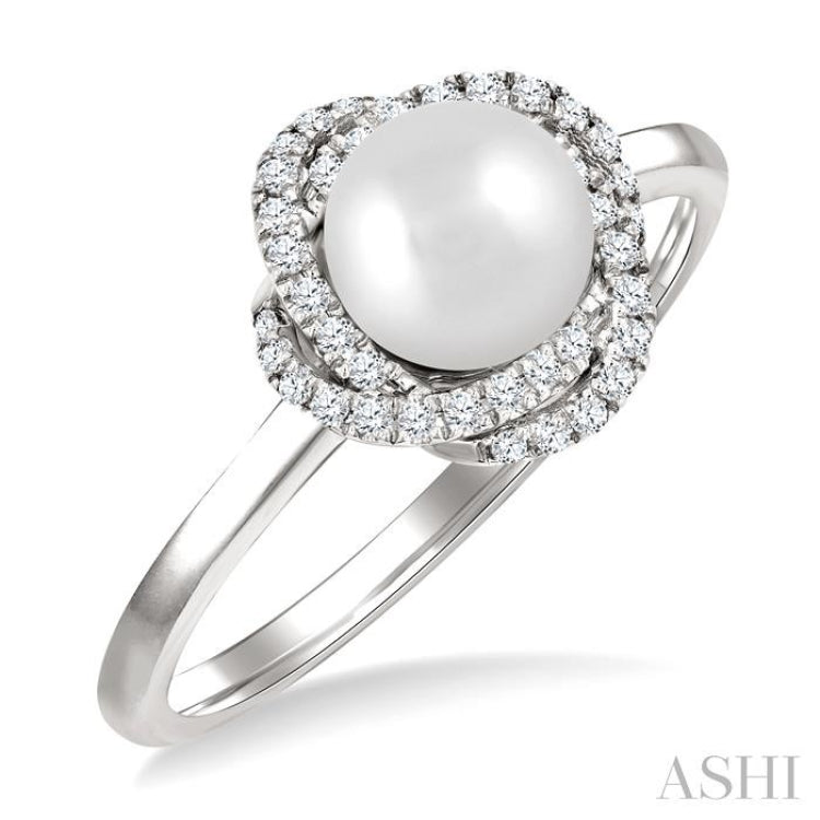 6 MM Cultured Pearl and 1/6 Ctw Single Cut Diamond Petite Fashion Ring in 10K White Gold