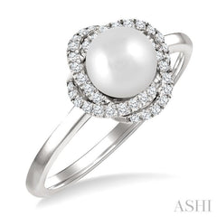 6 MM Cultured Pearl and 1/6 Ctw Single Cut Diamond Petite Fashion Ring in 10K White Gold