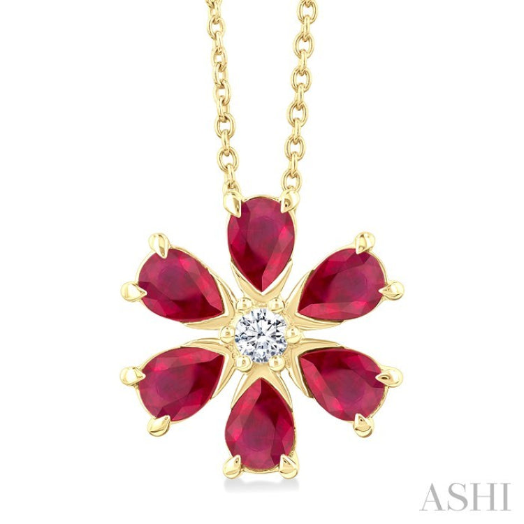4X3 MM Floral Blossom Pear Cut Ruby and 1/20 Ctw Round Cut Diamond Precious Pendant With Chain in 14K Yellow Gold