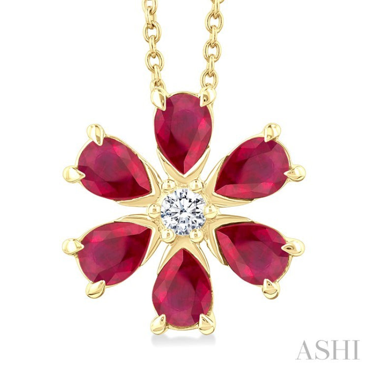 4X3 MM Floral Blossom Pear Cut Ruby and 1/20 Ctw Round Cut Diamond Precious Pendant With Chain in 14K Yellow Gold
