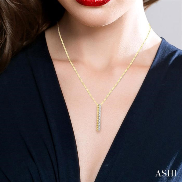 1/6 Ctw Circular Bead & Round Cut Bead Bijoux Diamond Bar Pendant With Chain in 14K Yellow Gold