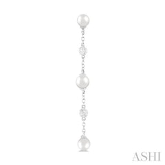4 MM Round Shape Cultured Pearls and 1/20 Ctw Round Cut Diamond Station Long Earring in 14K White Gold