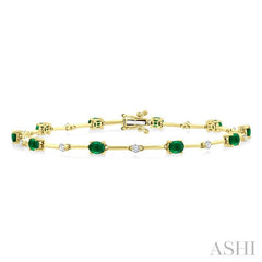 4x3 MM Oval Cut Emerald and 1/3 Ctw Round Cut Diamond Precious Bar Bracelet in 10K Yellow Gold