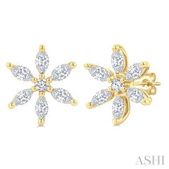 3/8 Ctw Floral Motif Marquise and Round Cut Diamond Fashion Stud Earrings in 14K Yellow Gold