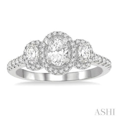 1 Ctw Past, Present & Future Round Cut Diamond Engagement Ring With 3/8 Ct Oval Cut Center Stone in 14K White Gold
