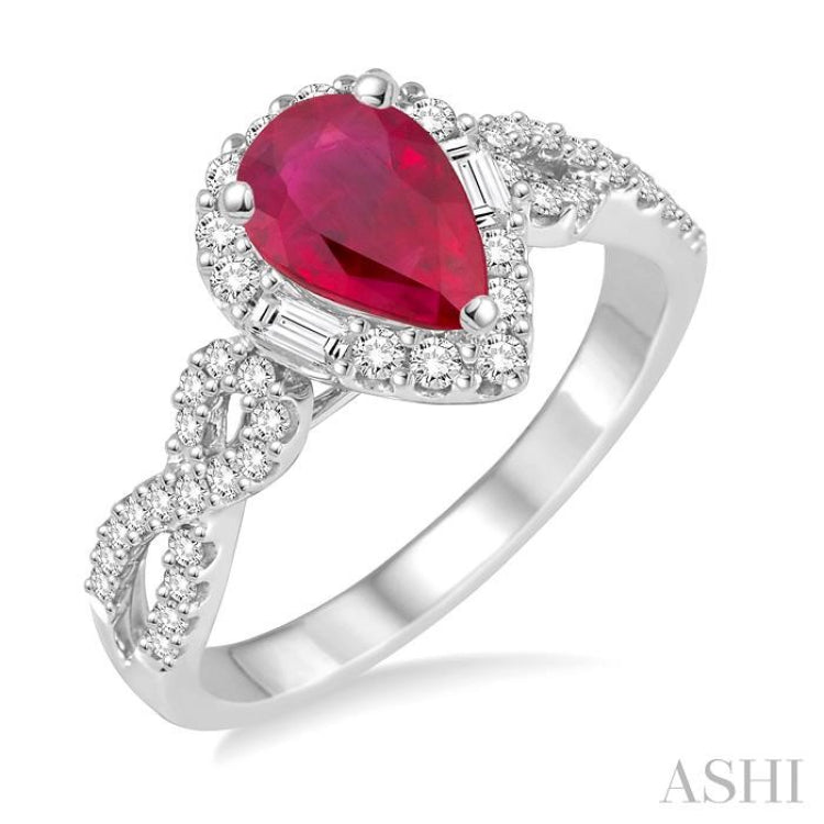 7x5 MM Pear Shape Ruby and 1/2 Ctw Diamond Precious Ring in 14K White Gold