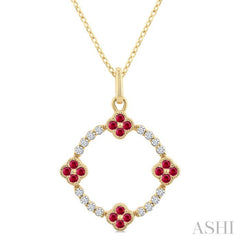 1.25 MM Clover Circle Ruby and 1/8 Ctw Round Cut Diamond Precious Pendant With Chain in 10K Yellow Gold