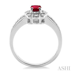 6x4 MM Oval Cut Ruby and 1/6 Ctw Single Cut Diamond Ring in 14K White Gold