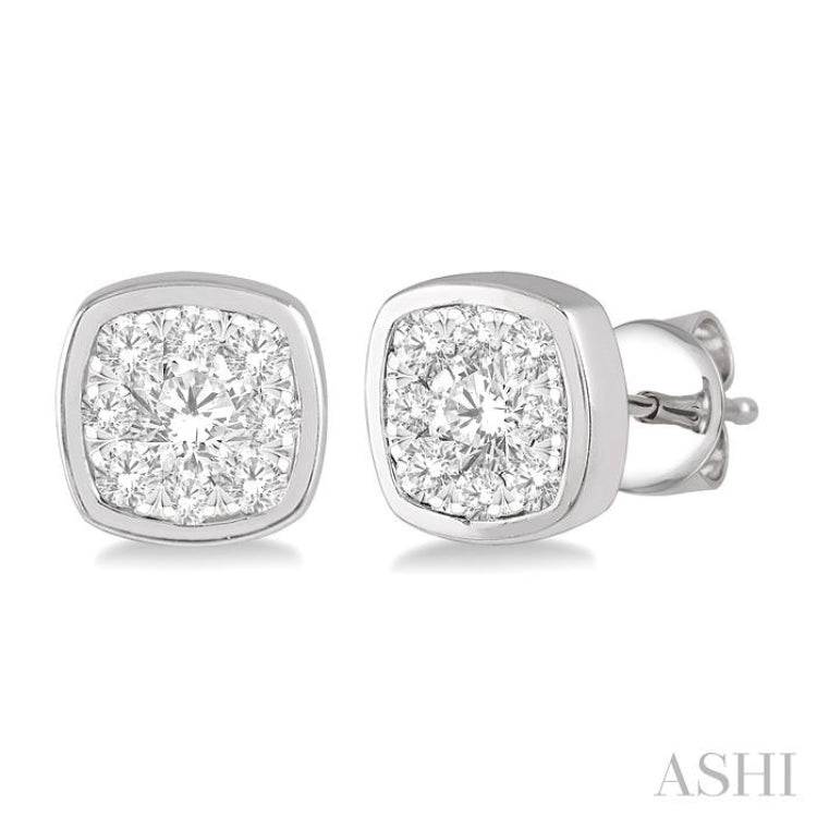 3/4 Ctw Cushion Shape Round Cut Diamond Lovebright Bezel Stud Earrings in 14K White Gold