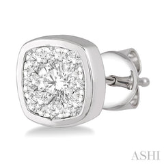 3/4 Ctw Cushion Shape Round Cut Diamond Lovebright Bezel Stud Earrings in 14K White Gold