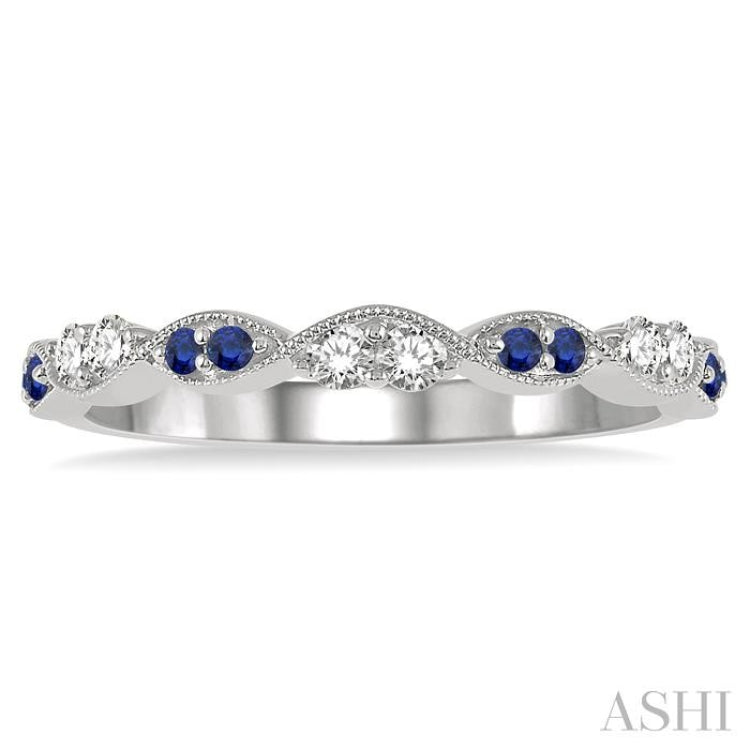1.35 MM Round Cut Sapphire and 1/5 Ctw Round Cut Diamond Precious Half Eternity Wedding Band in 14K White Gold