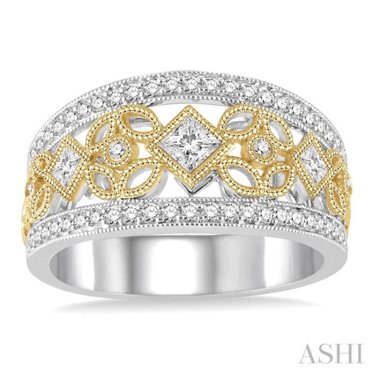 5/8 Ctw Round and Princess Cut Diamond Wide Band in 14K White and Yellow Gold