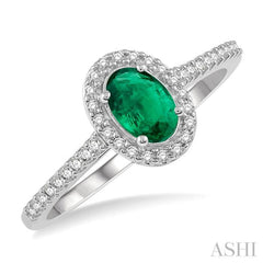 6x4 MM Oval Shape Emerald and 1/10 Ctw Round Cut Diamond Precious Ring in 10K White Gold