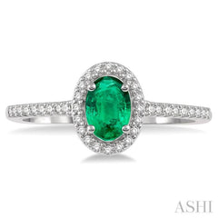 6x4 MM Oval Shape Emerald and 1/10 Ctw Round Cut Diamond Precious Ring in 10K White Gold