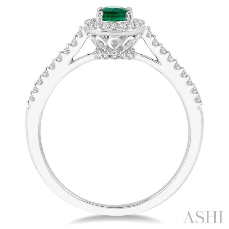 6x4 MM Oval Shape Emerald and 1/10 Ctw Round Cut Diamond Precious Ring in 10K White Gold