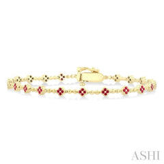 1 MM Round Cut Ruby Clover and Bead Ball Link Precious Tennis Bracelet in 14K Yellow Gold