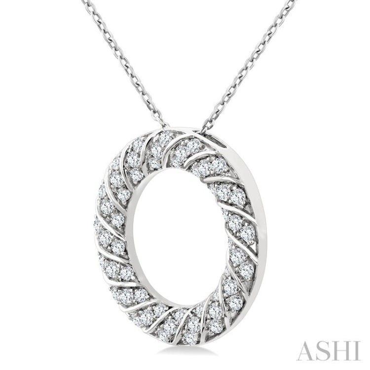 1/2 Ctw Ribbed Swirl Circle Round Cut Diamond Pirouette Fashion Pendant With Chain in 14K White Gold