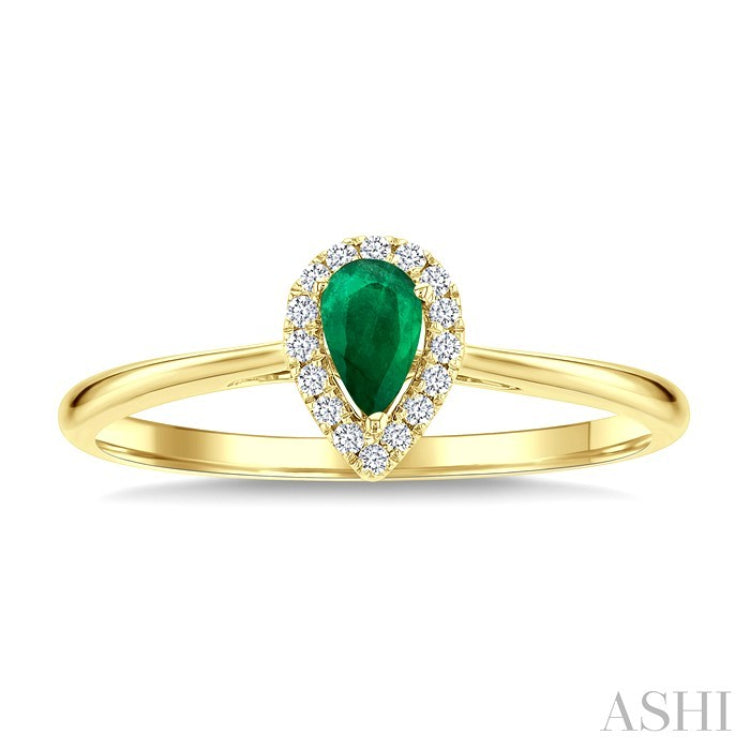 5x3 MM Pear Shape Emerald and 1/20 Ctw Round Cut Diamond Halo Precious Ring in 10K Yellow Gold