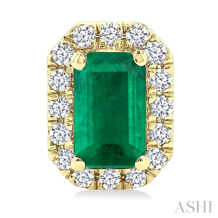 5x3 MM Octagonal Shape Emerald and 1/8 Ctw Round Cut Diamond Halo Precious Stud Earrings in 10K Yellow Gold