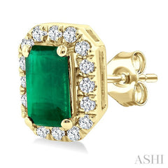 5x3 MM Octagonal Shape Emerald and 1/8 Ctw Round Cut Diamond Halo Precious Stud Earrings in 10K Yellow Gold