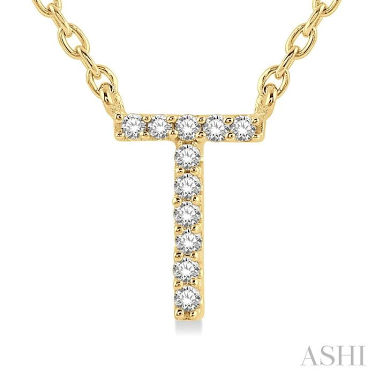 1/20 Ctw Initial 'T' Round Cut Diamond Pendant With Chain in 10K Yellow Gold
