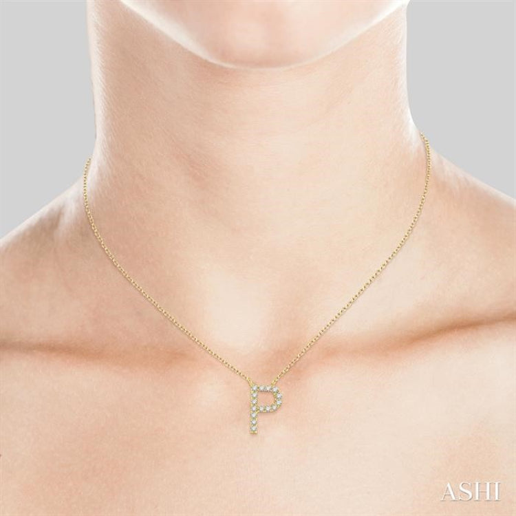 1/20 Ctw Initial 'P' Round Cut Diamond Pendant With Chain in 10K Yellow Gold