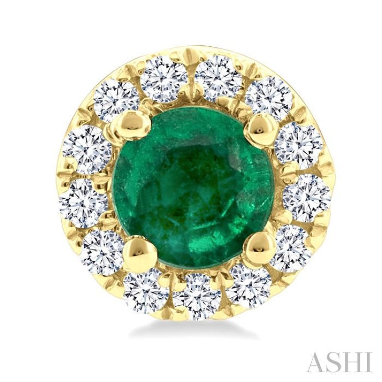 3.25 MM Round Emerald and 1/10 Ctw Single Cut Diamond Halo Precious Stud Earrings in 10K Yellow Gold