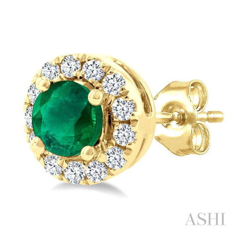 3.25 MM Round Emerald and 1/10 Ctw Single Cut Diamond Halo Precious Stud Earrings in 10K Yellow Gold