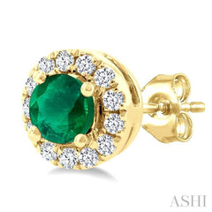 3.25 MM Round Emerald and 1/10 Ctw Round Cut Diamond Halo Precious Stud Earrings in 10K Yellow Gold