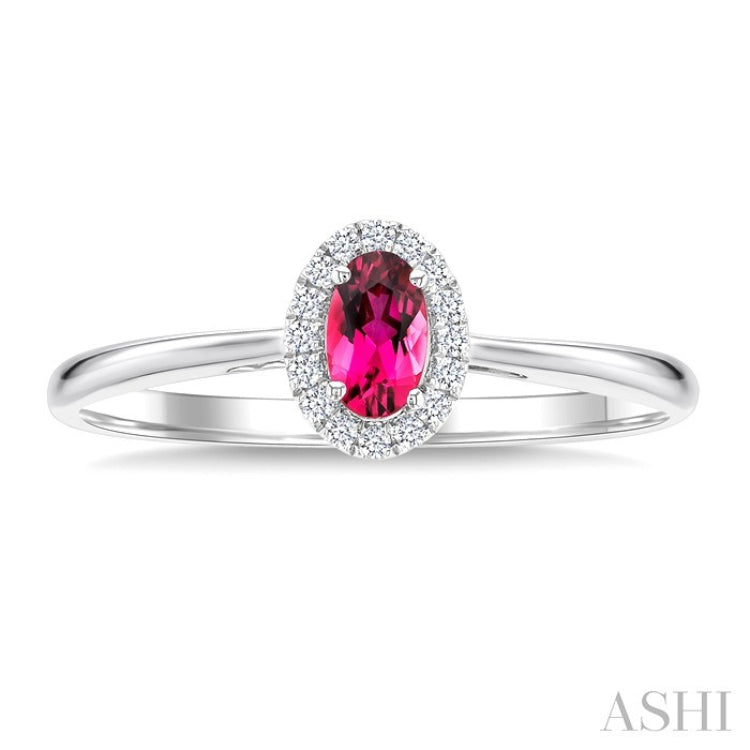 5x3 MM Oval Shape Pink Tourmaline and 1/20 Ctw Round Cut Diamond Halo Semi-Precious Ring in 14K White Gold