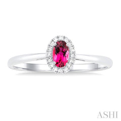 5x3 MM Oval Shape Pink Tourmaline and 1/20 Ctw Single Cut Diamond Halo Semi-Precious Ring in 14K White Gold